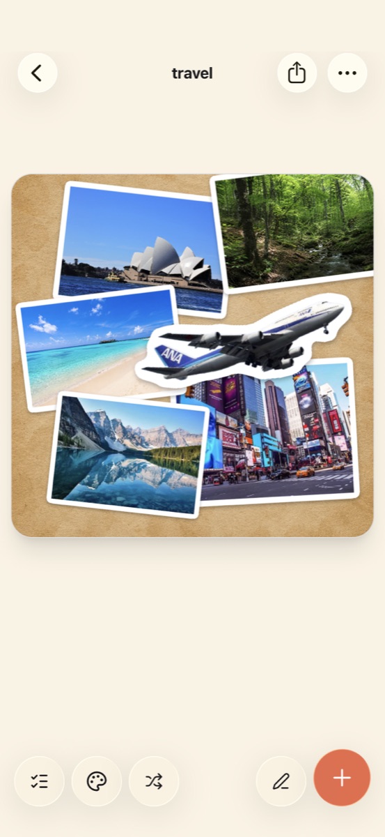 旅行テーマのビジョンボード。海や街の写真ステッカーが自由に貼られている